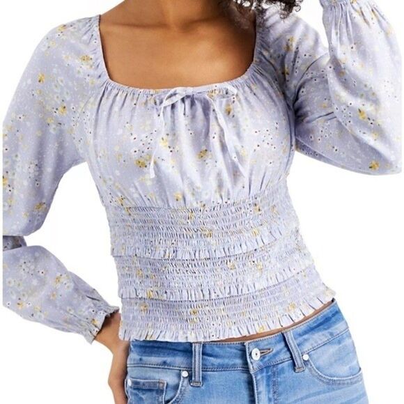 Planet Gold Juniors Square-Neck Smocked Top, shirt long sleeve Blue Fog,M, L, XL - Picture 7 of 9